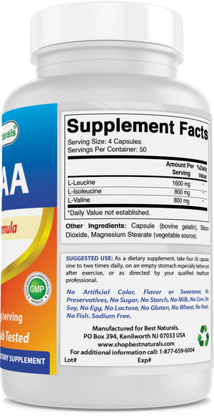 Best Naturals BCAA 800 mg 200 Capsules - shopbestnaturals.com