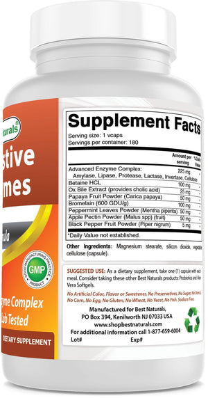 Best Naturals Digestive Enzyme 180 Veggie Capsules - shopbestnaturals.com
