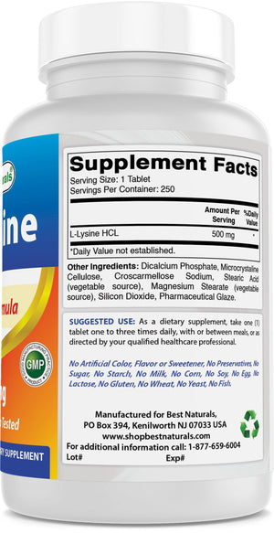 Best Naturals L-Lysine 500 mg 250 Tablets - shopbestnaturals.com