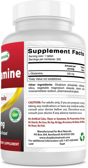 Best Naturals L-Glutamine 500 mg 250 Tablets - shopbestnaturals.com