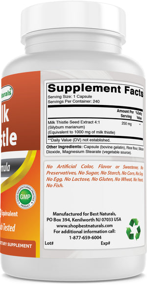 Best Naturals Milk Thistle Extract 1000mg Equivalent - 240 Capsules - Non-GMO & Gluten Free