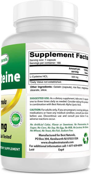 Best Naturals L-Cysteine 500 mg 180 Capsules - shopbestnaturals.com