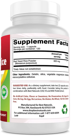 Best Naturals Red Yeast Rice 600 mg 120 Capsules - shopbestnaturals.com