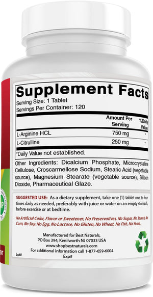 Best Naturals L-Arginine L-Citruline Complex 1000 mg 120 Tablets - shopbestnaturals.com