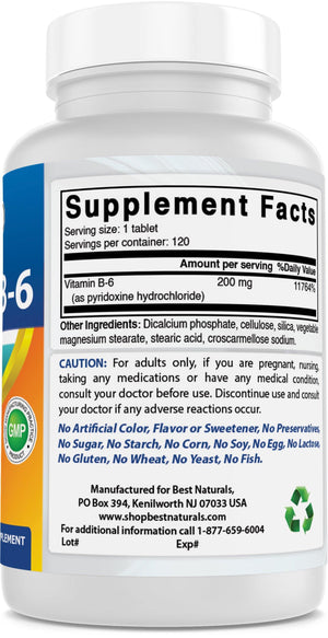 Best Naturals Vitamin b6 200mg for Adults, 120 Tablets - shopbestnaturals.com