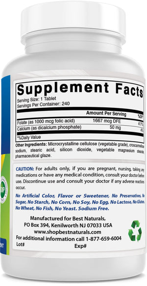 Best Naturals Folic Acid 1000 mcg (Vitamin B9), 240 Tablets - shopbestnaturals.com