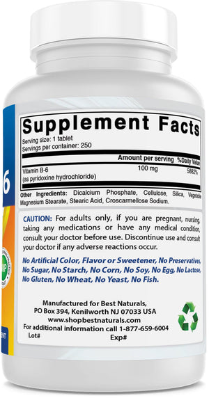Best Naturals Vitamin B6 100 mg 250 Tablets - shopbestnaturals.com