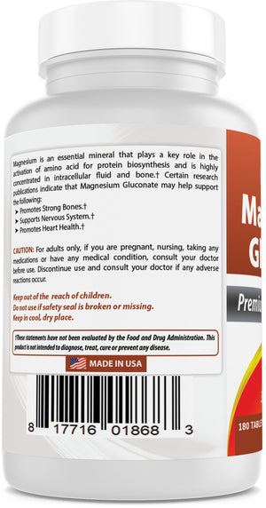 Best Naturals Magnesium Gluconate (35 mg Elemental Magnesium from 600mg of Magnesium Gluconate) 180 Tablets