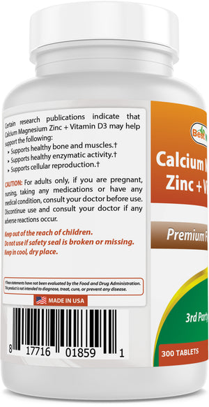 Best Naturals Calcium Magnesium Zinc with Vitamin D3, 300 Tablets - Calcium 1000 mg, Magnesium 400 mg, Zinc 25 mg & D3 600 IU per Serving (3 Tablets)