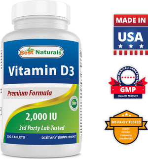Best Naturals Vitamin D3 2000 IU 100 Tablets | Helps Support Immune Health, Strong Bones and Teeth, & Muscle Function