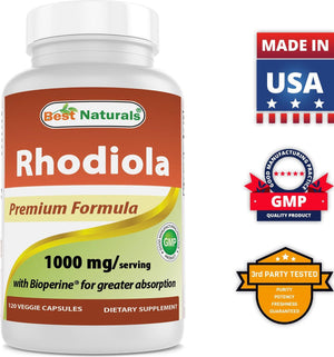 Best Naturals Rhodiola 1000mg with Bioperine 120 Veggie Capsules - shopbestnaturals.com