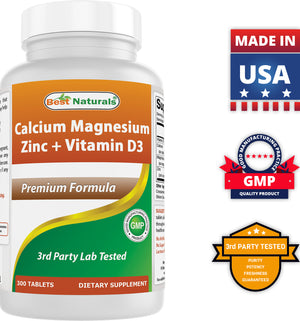 Best Naturals Calcium Magnesium Zinc with Vitamin D3, 300 Tablets - Calcium 1000 mg, Magnesium 400 mg, Zinc 25 mg & D3 600 IU per Serving (3 Tablets)